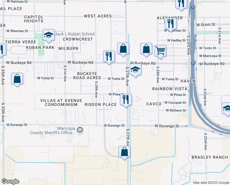 map of restaurants, bars, coffee shops, grocery stores, and more near 2736 West Pima Street in Phoenix
