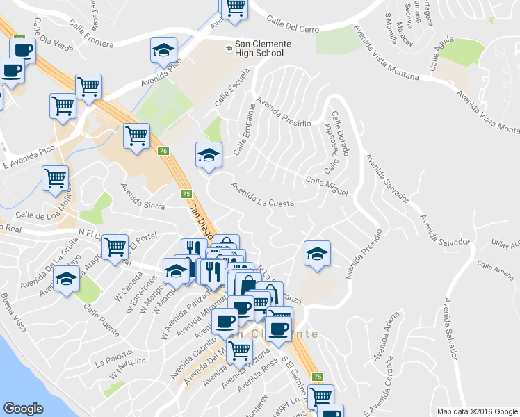 map of restaurants, bars, coffee shops, grocery stores, and more near 151 Patero Del Oro in San Clemente