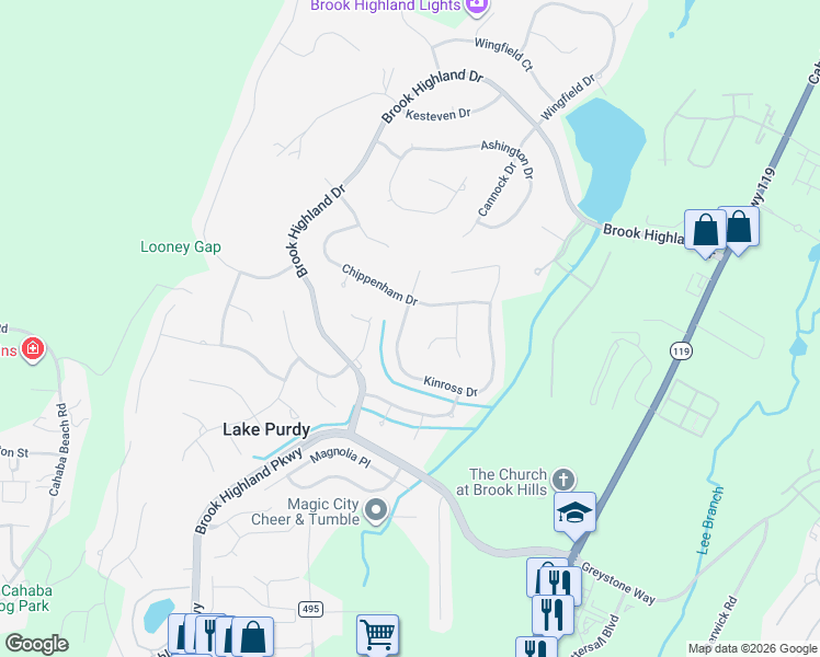 map of restaurants, bars, coffee shops, grocery stores, and more near 3728 Kinross Drive in Birmingham