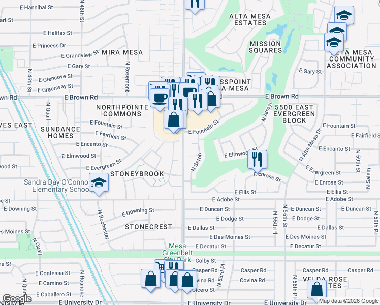 map of restaurants, bars, coffee shops, grocery stores, and more near 5210 East Elmwood Circle in Mesa