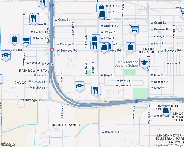 map of restaurants, bars, coffee shops, grocery stores, and more near 1510 South 19th Drive in Phoenix