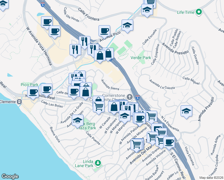 map of restaurants, bars, coffee shops, grocery stores, and more near 204 Avenida Sierra in San Clemente