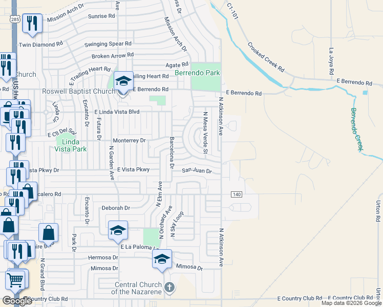map of restaurants, bars, coffee shops, grocery stores, and more near 3013 Mission Arch Drive in Roswell