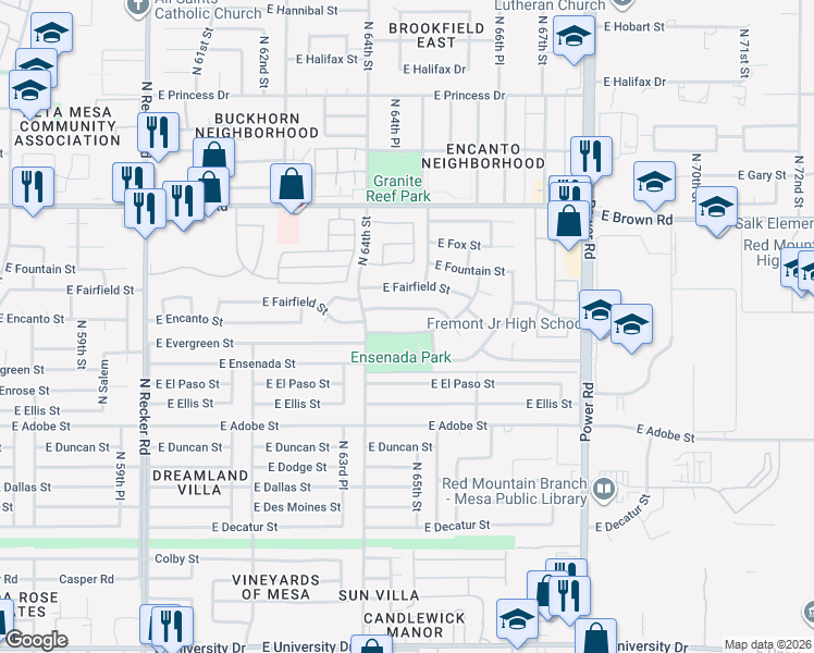 map of restaurants, bars, coffee shops, grocery stores, and more near 6452 E Elmwood St in Mesa