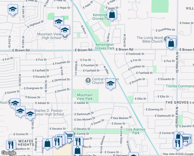 map of restaurants, bars, coffee shops, grocery stores, and more near 933 North Lindsay Road in Mesa