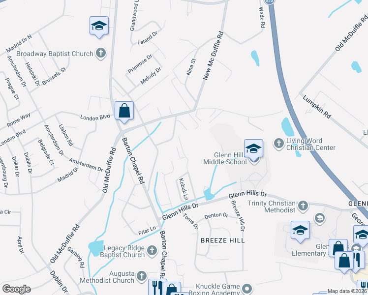 map of restaurants, bars, coffee shops, grocery stores, and more near 2456 Emery Hills Drive in Augusta