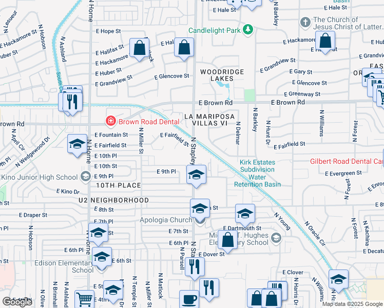 map of restaurants, bars, coffee shops, grocery stores, and more near 952 North Stapley Drive in Mesa