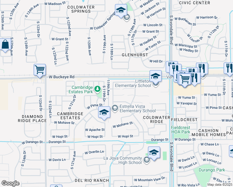 map of restaurants, bars, coffee shops, grocery stores, and more near 11830 West Flanagan Street in Avondale