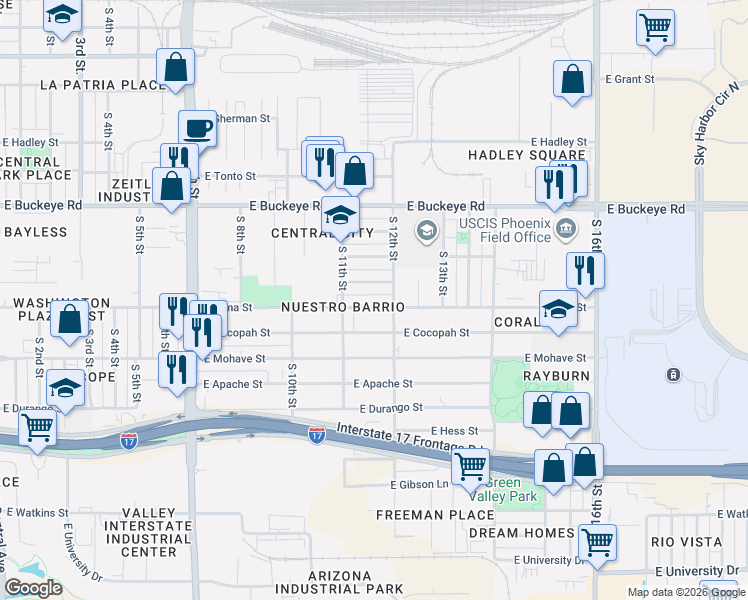 map of restaurants, bars, coffee shops, grocery stores, and more near 1128 East Pima Street in Phoenix