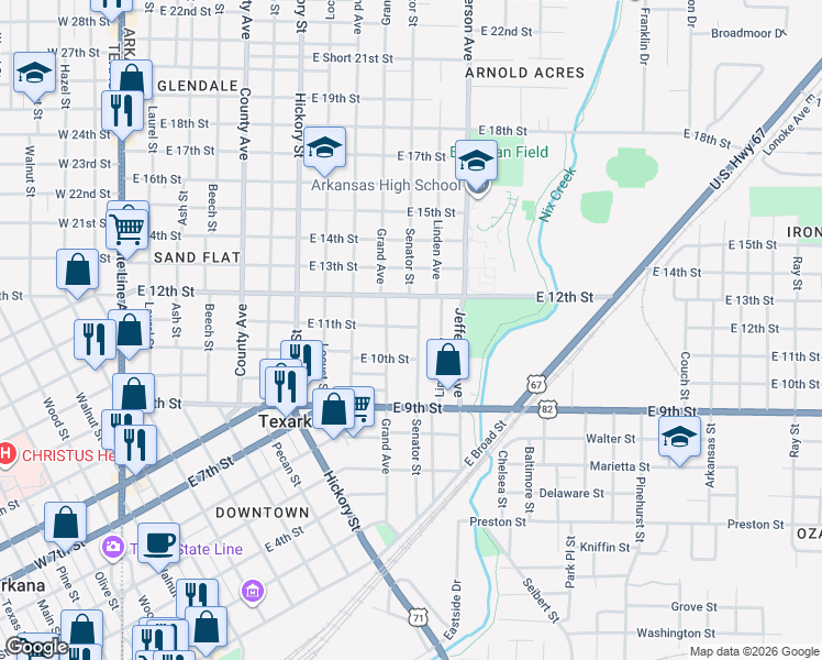 map of restaurants, bars, coffee shops, grocery stores, and more near 1021 Senator Street in Texarkana