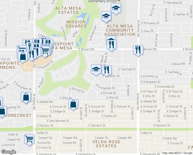 map of restaurants, bars, coffee shops, grocery stores, and more near 5713 East Encanto Street in Mesa