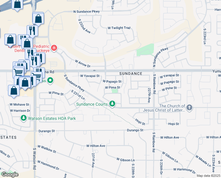 map of restaurants, bars, coffee shops, grocery stores, and more near 22993 West Pima Street in Buckeye