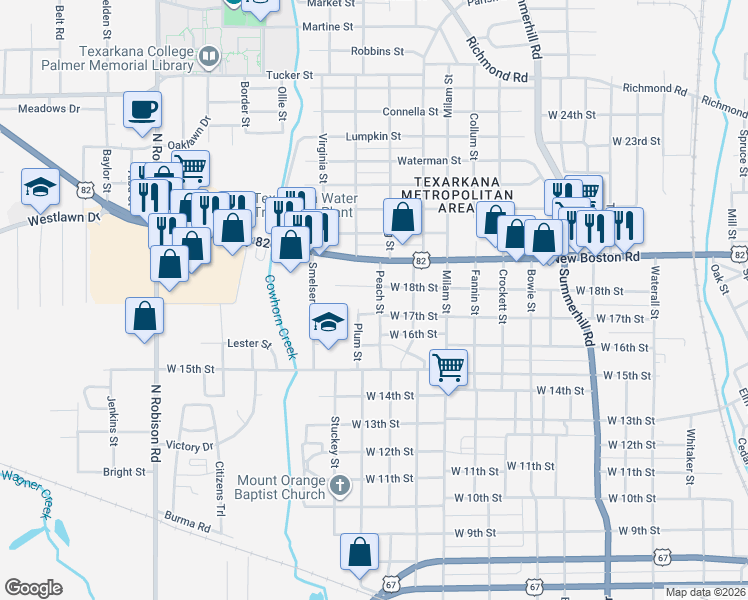 map of restaurants, bars, coffee shops, grocery stores, and more near 1709 Peach Street in Texarkana
