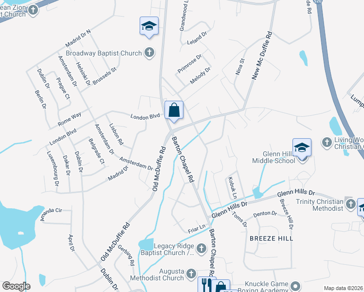map of restaurants, bars, coffee shops, grocery stores, and more near 2404 Barton Chapel Road in Augusta
