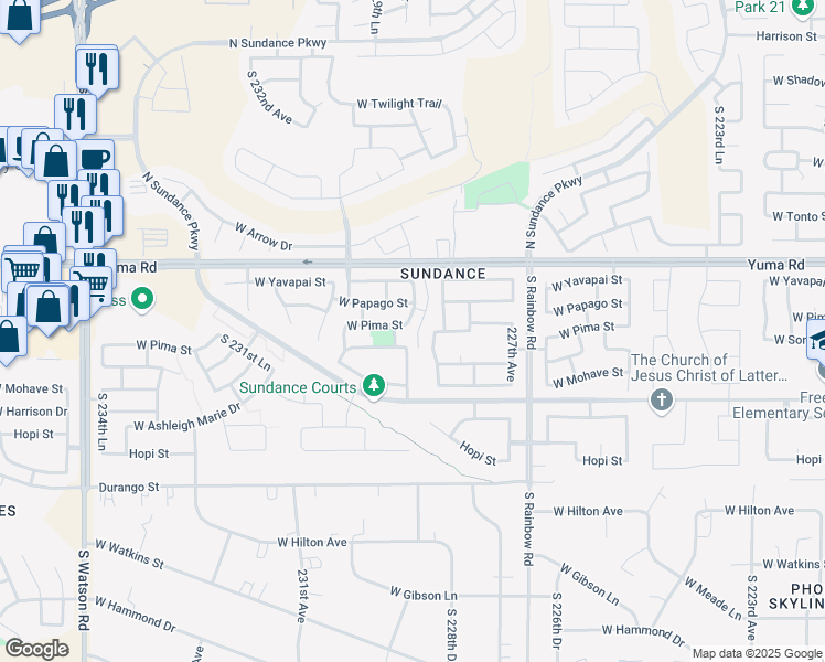 map of restaurants, bars, coffee shops, grocery stores, and more near 22917 West Pima Street in Buckeye