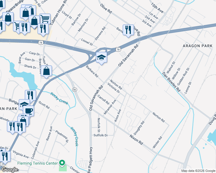 map of restaurants, bars, coffee shops, grocery stores, and more near 235 Victoria Drive in Augusta