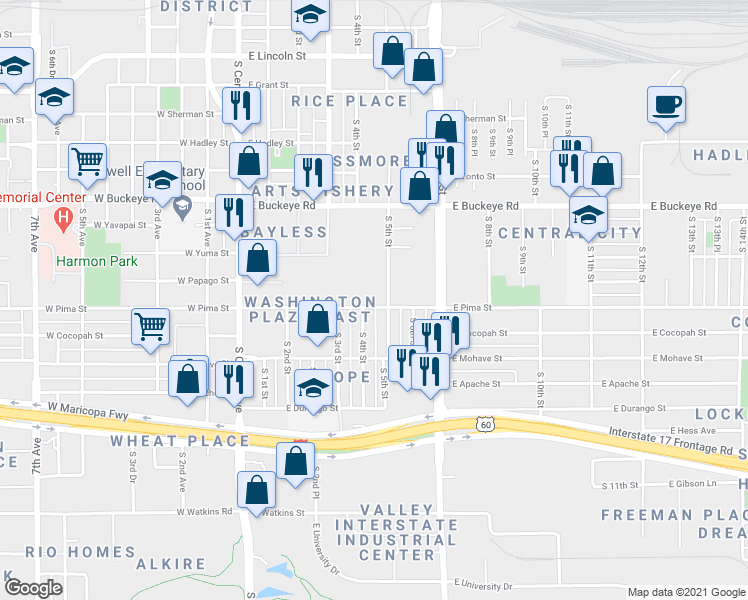 map of restaurants, bars, coffee shops, grocery stores, and more near 490 East Pima Street in Phoenix