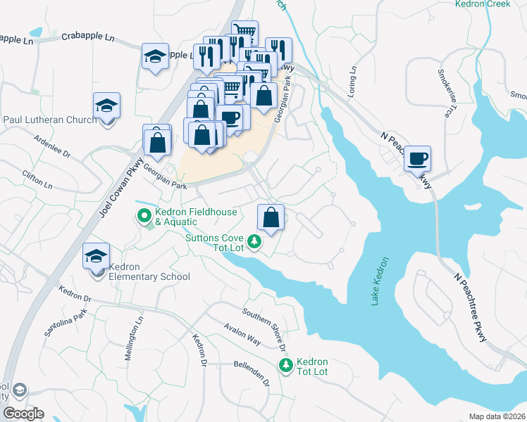 map of restaurants, bars, coffee shops, grocery stores, and more near 102 Sutton's Cove in Peachtree City