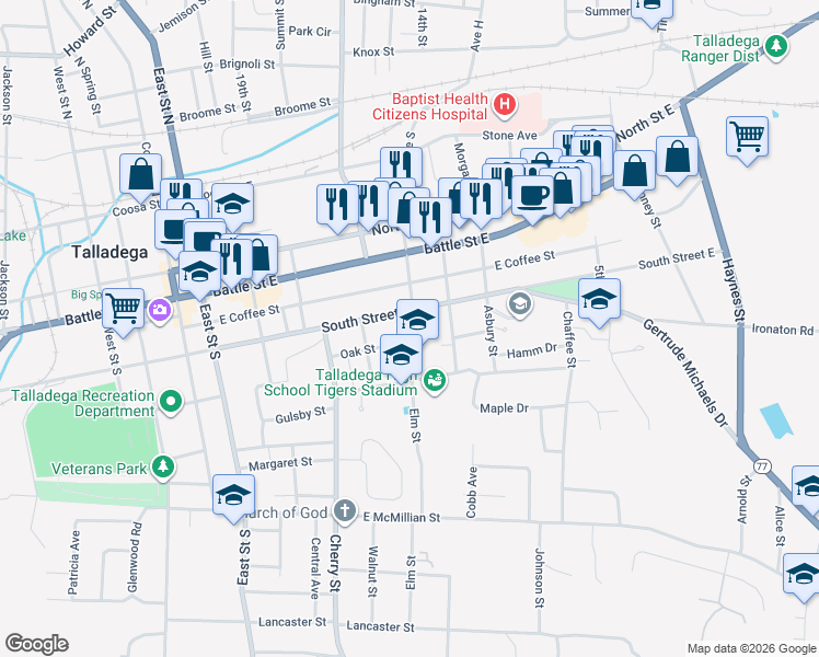 map of restaurants, bars, coffee shops, grocery stores, and more near 402 Elm Street in Talladega