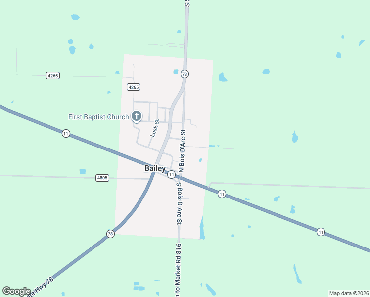 map of restaurants, bars, coffee shops, grocery stores, and more near 111 South Bois D Arc Street in Bailey