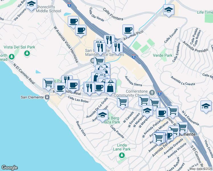 map of restaurants, bars, coffee shops, grocery stores, and more near 107 Calle Bonito in San Clemente