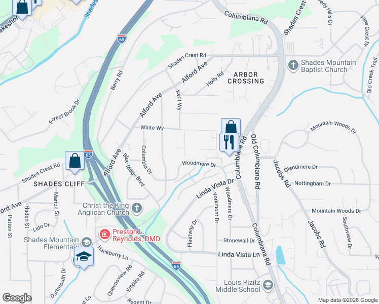 map of restaurants, bars, coffee shops, grocery stores, and more near 2251 Kent Way in Birmingham