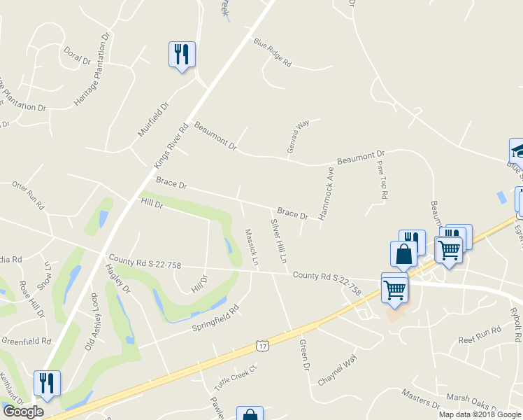 map of restaurants, bars, coffee shops, grocery stores, and more near 211 Brace Drive in Pawleys Island