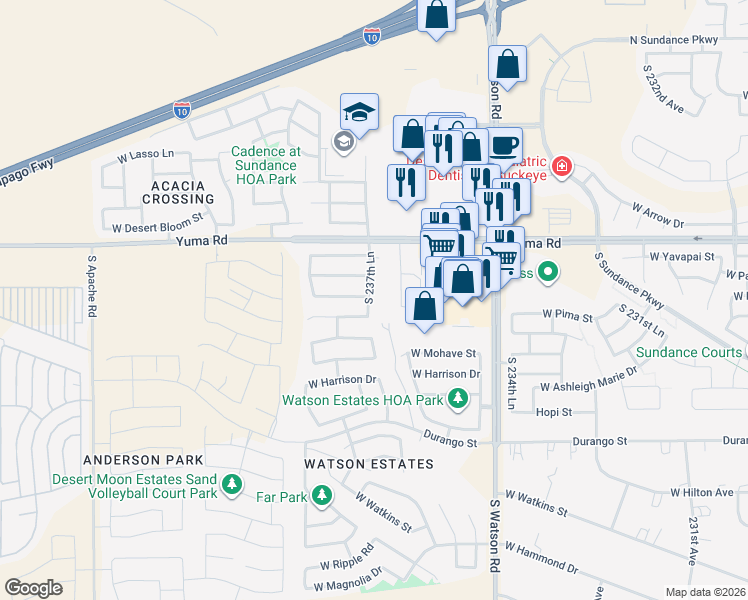 map of restaurants, bars, coffee shops, grocery stores, and more near 1445 South 237th Lane in Buckeye