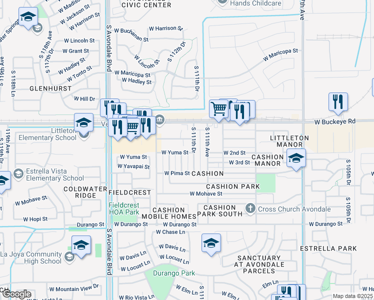 map of restaurants, bars, coffee shops, grocery stores, and more near 1251 South 111th Drive in Avondale