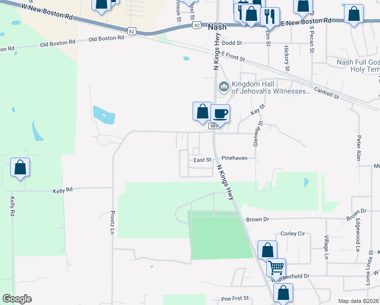 map of restaurants, bars, coffee shops, grocery stores, and more near East Street in Nash