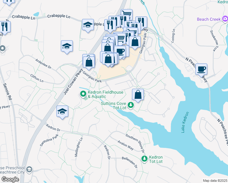 map of restaurants, bars, coffee shops, grocery stores, and more near 117 Sea Island Drive in Peachtree City