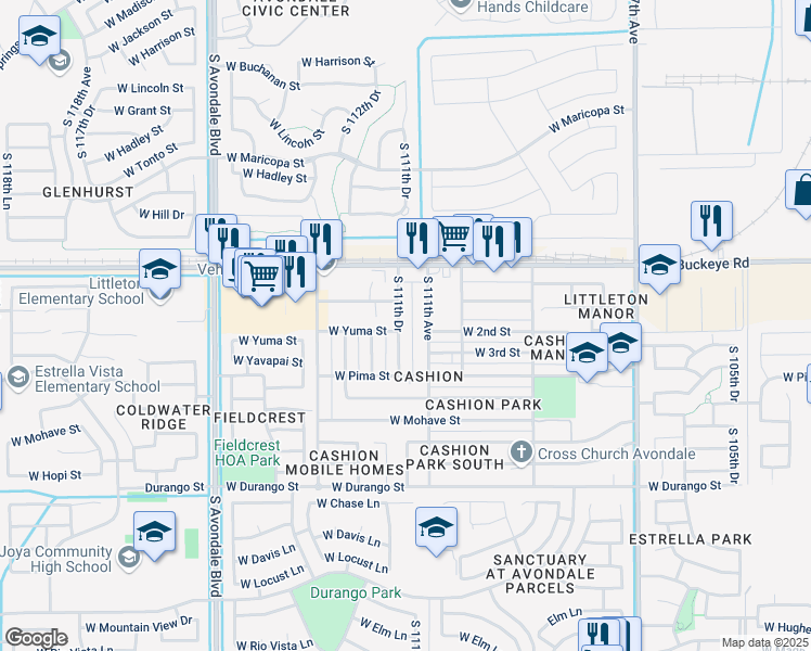 map of restaurants, bars, coffee shops, grocery stores, and more near 1251 South 111th Drive in Avondale