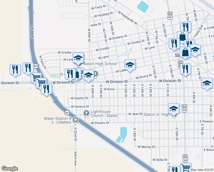 map of restaurants, bars, coffee shops, grocery stores, and more near 630 South 19th Street in Slaton