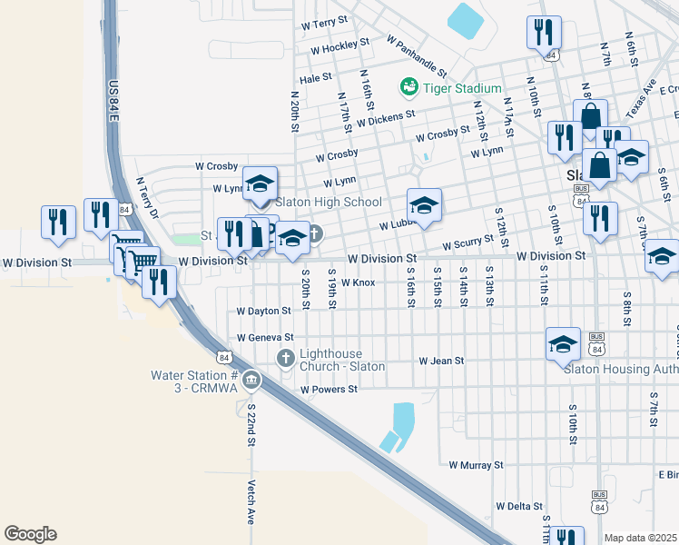 map of restaurants, bars, coffee shops, grocery stores, and more near 630 South 19th Street in Slaton