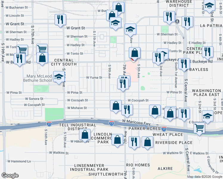 map of restaurants, bars, coffee shops, grocery stores, and more near 1443 South 9th Avenue in Phoenix