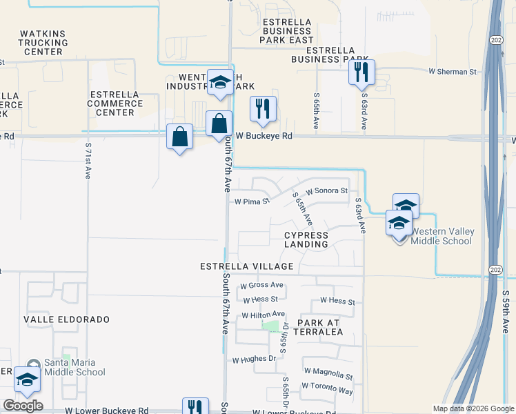 map of restaurants, bars, coffee shops, grocery stores, and more near 6601 West Pima Street in Phoenix
