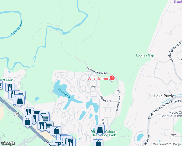 map of restaurants, bars, coffee shops, grocery stores, and more near 35199 Portobello Road in Birmingham