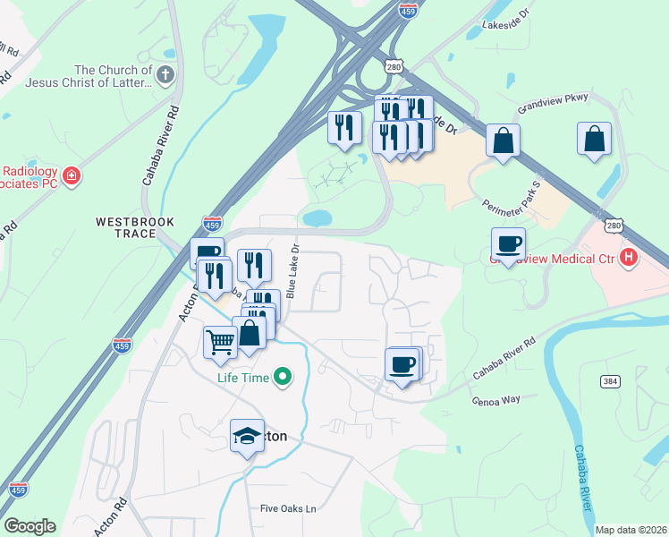 map of restaurants, bars, coffee shops, grocery stores, and more near 4545 Pine Tree Circle in Vestavia Hills