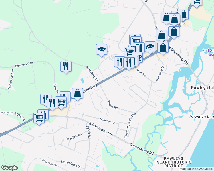 map of restaurants, bars, coffee shops, grocery stores, and more near 9842 Ocean Highway in Pawleys Island