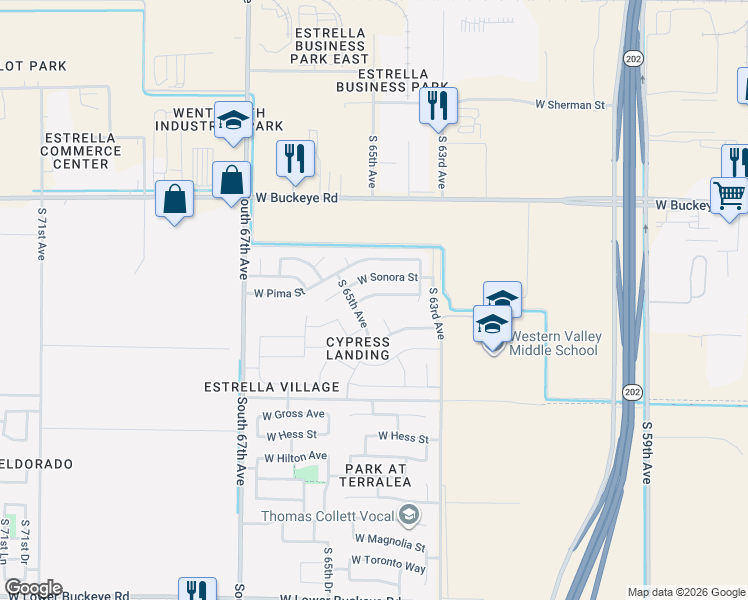 map of restaurants, bars, coffee shops, grocery stores, and more near 6421 West Cocopah Street in Phoenix