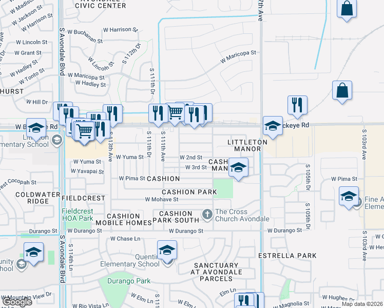 map of restaurants, bars, coffee shops, grocery stores, and more near 10952 West 2nd Street in Avondale