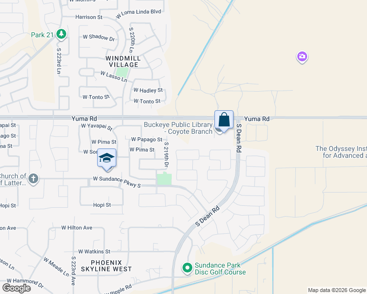 map of restaurants, bars, coffee shops, grocery stores, and more near 21860 West Pima Street in Buckeye