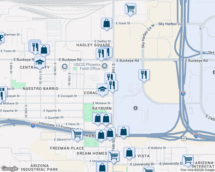 map of restaurants, bars, coffee shops, grocery stores, and more near 1580 East Pima Street in Phoenix