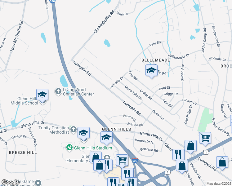 map of restaurants, bars, coffee shops, grocery stores, and more near 2869A Glenn Hills Circle in Augusta