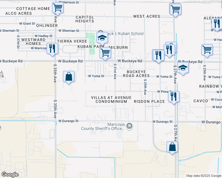 map of restaurants, bars, coffee shops, grocery stores, and more near 3112 West Pima Street in Phoenix