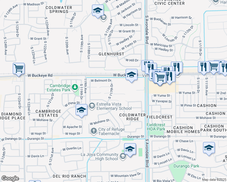 map of restaurants, bars, coffee shops, grocery stores, and more near 1317 117th Drive in Avondale