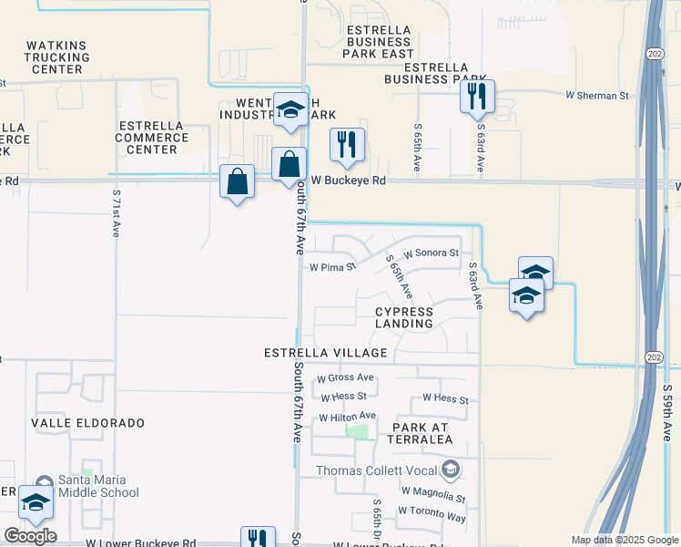 map of restaurants, bars, coffee shops, grocery stores, and more near 6601 West Pima Street in Phoenix
