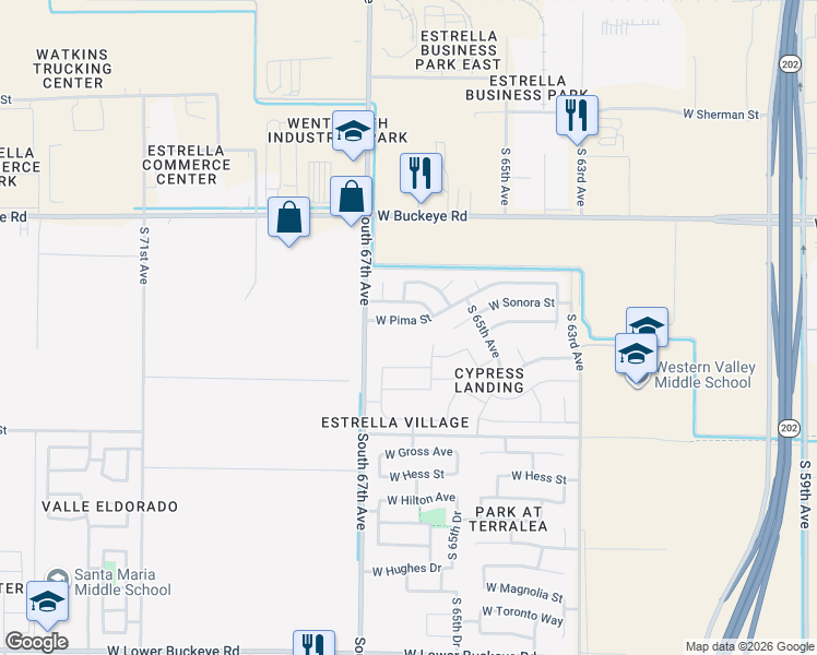map of restaurants, bars, coffee shops, grocery stores, and more near 6601 West Pima Street in Phoenix