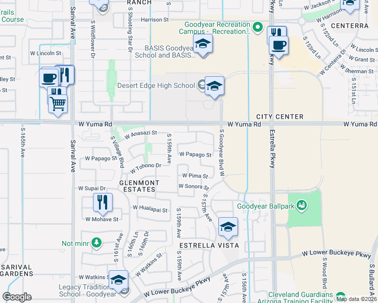 map of restaurants, bars, coffee shops, grocery stores, and more near 15830 West Papago Street in Goodyear