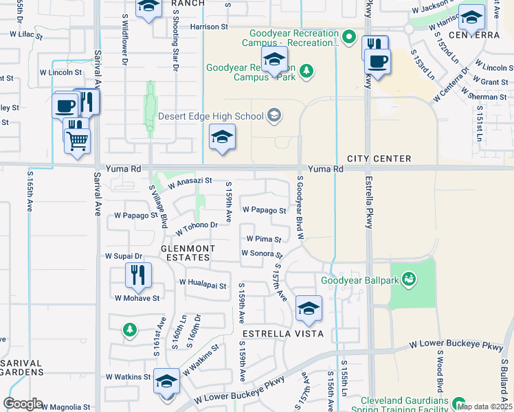 map of restaurants, bars, coffee shops, grocery stores, and more near 15830 West Papago Street in Goodyear